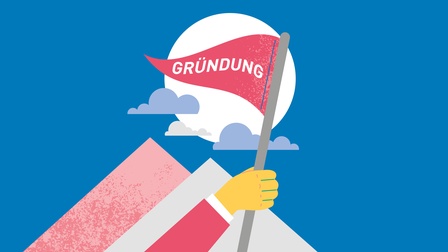 Illustration einer Hand, die Fahne mit Schriftzug Gründung in Händen hält
