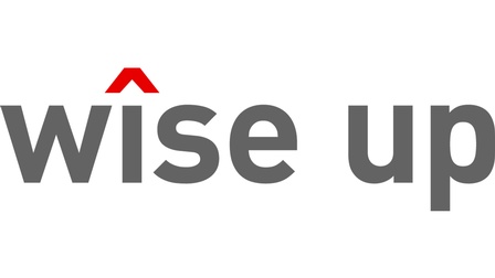 Logo wîse up: Schriftzug wîse up, über dem i ein rotes Dächchen