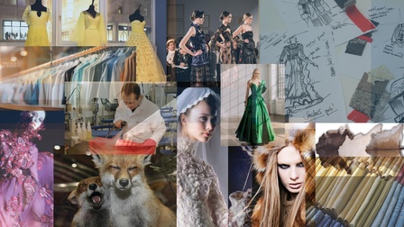 Collage aus verschiedenen Bildern zum Thema Mode- und Bekleidungstechnik mit Kleidungsstücken, Modellen in Haute Couture Kleidern, Illustrationen, Stoffmuster, Felle, präparierten Füchsen, einer Person, die ein Kleidungsstück reinigt