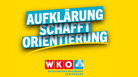 Gelbes Sujet mit dem Titel „Astrologie – Aufklärung schafft Orientierung“, Kampagne der Persönlichen Dienstleister der WKO Steiermark.