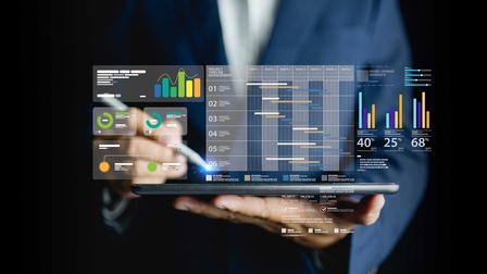 Ein Dashboard-Infografiken mit Verlaufs- und Balkendiagrammen statistischer Daten und Kennzahlen