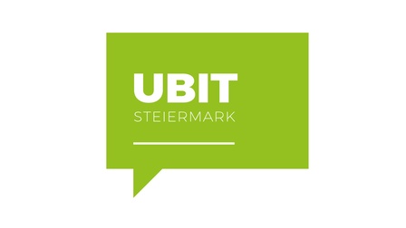 Das Logo der Fachgruppe UBIT in der WKO Steiermark in grüner Farbe und rechteckiger Form einer Sprechblase, in der in weißer Farbe UBIT Steiermark mit einem weißen Unterstrich steht