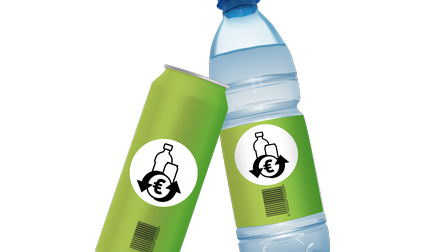Grafik: Pfandlogo auf Plastik-Flasche und Dose