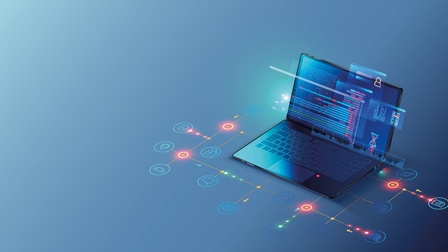 Illustration eines aufgeklappten Laptops mit leuchtendem Netzwerksymbolen