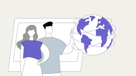 zwei Cartoon-Figuren Frau vor einer Weltkugel, Illustration<br />
