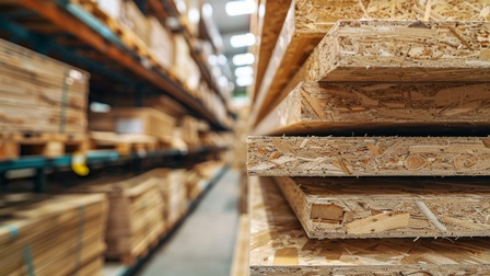 Ein Palette mit Sperrholzplatten in einer großen Lagerhalle