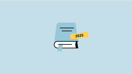 blauer Hintergrund mit Icon eines Buches und Schriftzug 2025