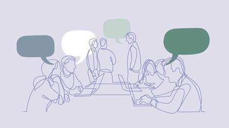 Illustration mehrerer Personen um Tisch sitzend und stehend