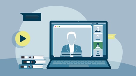 Illustration in Blautönen: Aufgeklappter Laptop mit Person