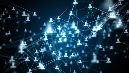 Rendering mehrere leuchtender Personenicons, die durch leuchtende Linien miteinander verbunden sind