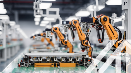 Orangene Roboterarme und Förderbänder in einer Fertigungsanlage. Generative KI