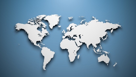Rendering der Weltkarte: Weiße Kontinente auf blauem Hintergrund