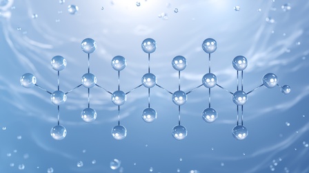 Illustration mehrerer Kugeln, die durch Linien verbunden sind, auf blauem Hintergrund, Molekülkette darstellend