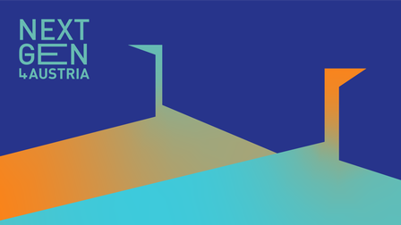 Titelbild Nextgen4you. Oben links der Schriftzug in türkis auf blauen Hintergrund in Großbuchstaben in drei Zeilen: erste Zeile Next, zweite Zeile Gen, dritte Zeile 4Austria. Unten links befinden sich drei Wörter in der selber Farbe: Übernehmen, Weiterentwickeln, Nachfolgen. Darunter befinden sich zwei Dreiecke in orange und türkis mit jeweils einer Fahne auf den Spitzen. 
