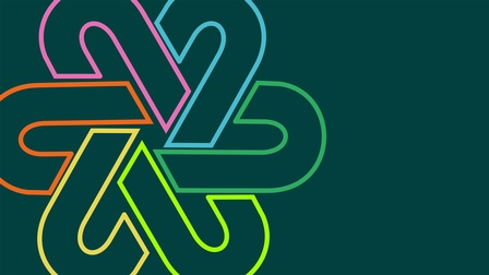 Steuerreport Imagebild, Abstrakte, moderne Grafik auf dunkelgrünem Hintergrund. Sechs farbige, linienförmige Schleifen in Pink, Türkis, Grün, Gelb, Hellgrün und Orange greifen ineinander und bilden eine symmetrische, stern- oder blütenartige Form. 