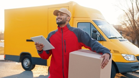 Eine lächelnde Person mit Kappe und Bart steht neben einem geparkten, gelben Kleinlastwagen. In der linken Hand hält sie einen Karton. In der rechten Hand hält sie ein Tablet