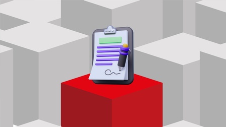 Stilisierte 3D-Grafik mit grauen Würfeln im Hintergrund und einem hervorgehobenen roten Würfel im Vordergrund. Darauf befindet sich ein stilisiertes Klemmbrett und im Vordergrund ein Kugelschreiber