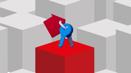 Stilisierte 3D-Grafik mit grauen Würfeln im Hintergrund und einem hervorgehobenen roten Würfel im Vordergrund. Darauf befindet sich ein Schlüsselanhänger mit einem Haus