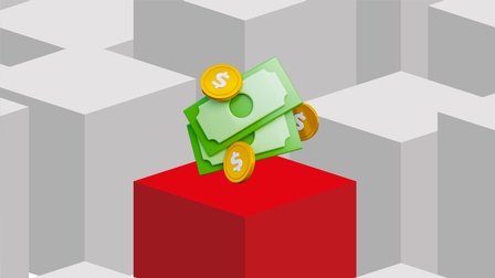 Stilisierte 3D-Grafik mit grauen Würfeln im Hintergrund und einem hervorgehobenen roten Würfel im Vordergrund. Darauf befindet sich stilisiertes Geld