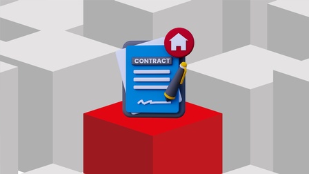 Stilisierte 3D-Grafik mit grauen Würfeln im Hintergrund und einem hervorgehobenen roten Würfel im Vordergrund. Darauf befindet sich ein stilisierter Vertrag mit der Aufschrift 