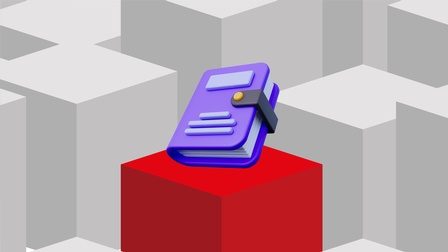 Stilisierte 3D-Grafik mit grauen Würfeln im Hintergrund und einem hervorgehobenen roten Würfel im Vordergrund. Darauf befindet sich ein stilisierter Filofax