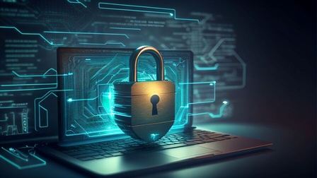 Ein aufgeklappter Laptop steht in dunkler Umgebung. Auf dem Bildschirm sind digitale Schaltkreise und leuchtende Linien zu sehen. Davor schwebt ein großes Vorhängeschloss als Symbol für Datensicherheit und Schutz vor Cyberangriffen.