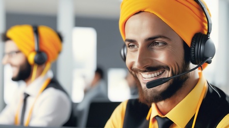 Ein lächelnder Mann mit gelbem Turban telefoniert mit Headset.