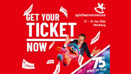 Werbegrafik zur Spielwarenmesse 2026 in Nürnberg mit Schriftzug „Get your ticket now“, Mann, Plüschmonster und fliegenden Tickets.