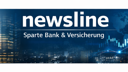 Mehrere EU-Flaggen im Wind wehend, durch die Sonnenlicht fällt, im Hintergrund Gebäude mit Glasfassade und Bäume - Schriftzug: newsline
