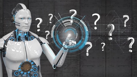 Weißer Roboter klickt mit seinem Zeigefinger auf Fragen