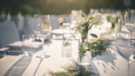 Gedeckter Tisch für eine Feier mit Blumen und Weingläsern.