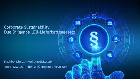 Dunkelblaus Sujet mit grafischer Hand, die auf Paragrafenzeichen deutet, daneben Beschriftung