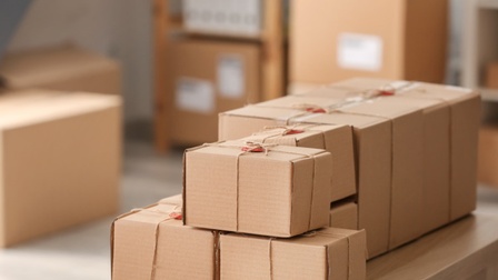  Kartonagen Pakete verpackt und bereit für den Versand stehen auf einem Regal während im Hintergrund weitere Pakete stehen