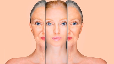 Gesicht einer jungen Frau, links und rechts davon je eine Gesichtshälfte einer älteren Frau.
