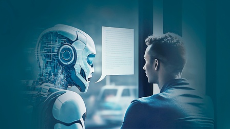 Ein Roboter und ein Mensch kommunizieren.