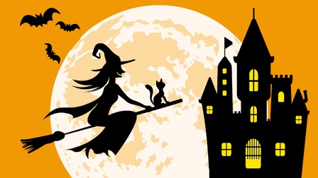 Illustration eines gelblichen Hintergrunds mit einem überdimensionalen Mond. Vor dem Mond ist eine Hexe auf einem fliegenden Besen. Rechts daneben ist der Umriss eines Schlosses. Links neben ihr sind die Umrisse von drei Fledermäusen