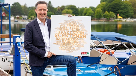 Tourismusobmann mit Begriffe-Schild vor Booten und Alter Donau
