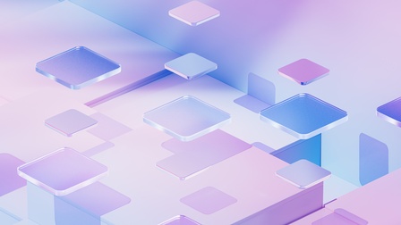 3D Hintergrund in hellen blauen und violetten Farben mit abstrakten flachen lichtdurchlässigen Elementen