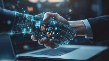 Handshake von Roboter/Computer und menschlicher Hand