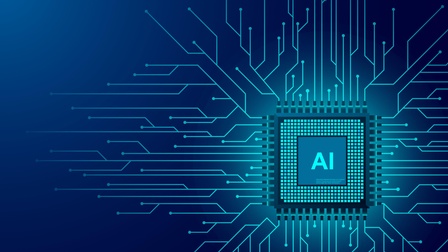 Blaue Illustration einer Platine mit den Buchstaben AI von der Netzwerklinien verlaufen