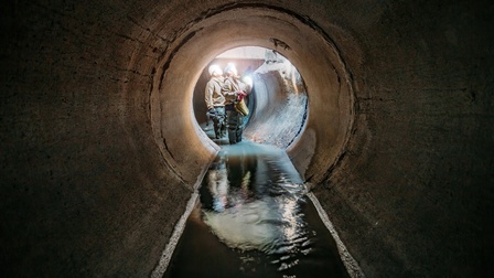 Zwei Personen in Schutzausrüstungen blicken in Kanalisationsrohr stehend nach oben