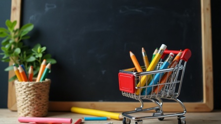 Buntstifte in kleinem Einkaufswagen vor schwarzer Tafel