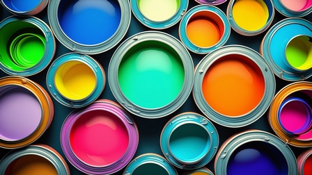 KI-generierter Top-Shot mehrerer, geöffneter Dosen mit dickem Rand. In den Dosen sind verschiedene Farben, zum Beispiel gelb, orange, blau, rosa, orange, grün