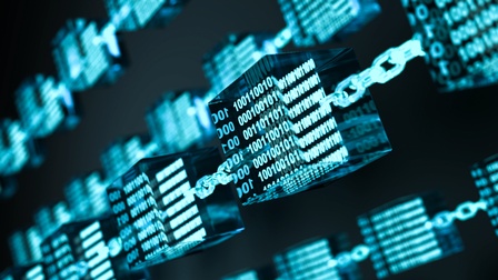 Rendering leuchtender Würfel mit 1 und 0 miteinander durch leuchtende Ketten verbunden