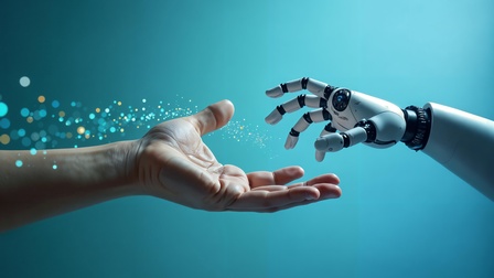 Eine menschliche Hand, die sich einer Roboterhand nähert, umgeben von funkelnden Lichteffekten.