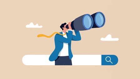 Geschäftsmann mit Fernglas über einer Suchleiste; symbolisiert Suche, Vision, Zukunft, Strategie und digitale Sichtbarkeit.