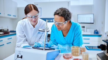 Zwei Personen in Laborgewandung und mit Schutzbrillen beugen sich über Laborgerät, ringsum Petrischalen