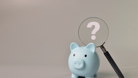 Ein blaues Sparschwein vor einem grauen Hintergrund. Über dem blauen Schwein ist ein Fragezeichen, über dem eine Lupe ist