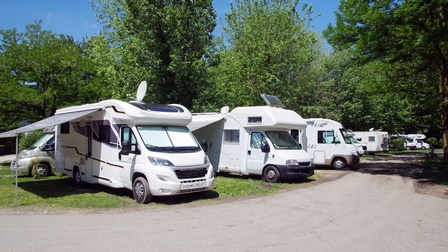 Auf einer grünen Wiese parken viele Wohnmobile nebeneinander. Dazwischen stehen grüne Bäume. Der Himmel ist blau