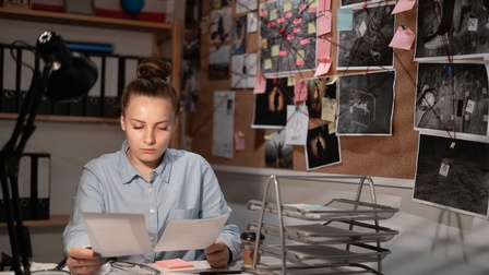 Eine Person sitz an einem Schreibtisch und schaut sich Fotos an